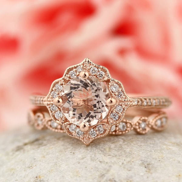 AAA Morganite Engagement Ring Set  Diamond Wedding Ring Set with Art deco band In 14k Rose Gold Gem1224