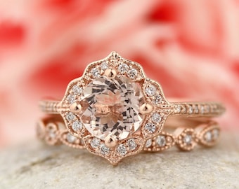 AAA Morganite Engagement Ring Set  Diamond Wedding Ring Set with Art deco band In 14k Rose Gold Gem1224