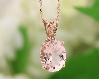 Natural AAA 10x8mm Oval  Pink  Morganite Vintage Style Pendant 14K Rose Gold with 18" Cable chain