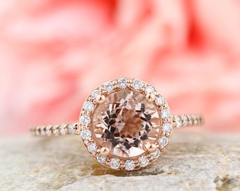 Natural AAA Morganite Ring Set, Diamond Halo Morganite Engagement Ring Band Set, Roes gold, 7mm gemstone - Gem1203