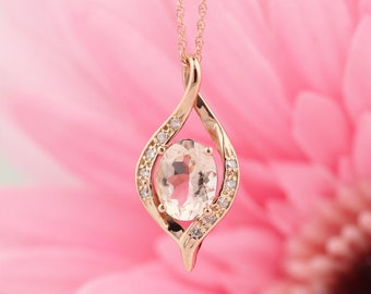 Solid 14k Rose Gold Morganite Diamond Pendant Necklace, 18" (8x6mm Oval Morganite)