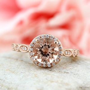 Art deco Milgrain  Bridal Set Fancy AAA  Morganite Engagement Set 14K Rose Gold Wedding Set Gem1160