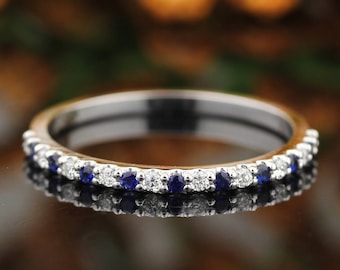 Stackable style 1/5 cttw Fancy Top Blue Sapphire and diamond Alternating Wedding Band Ring In 14k White ,Rose or Yellow Gold Gem1418