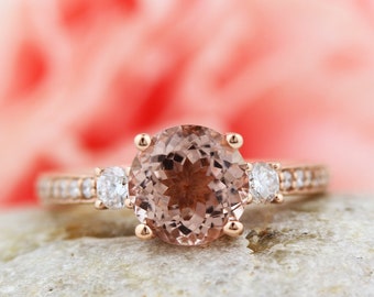 Fancy Color Morganite 8mm Round  14K Rose Gold Diamond engagement  Ring - Gem838