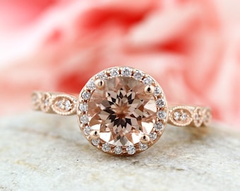 Art deco Milgrain  Bridal Set Fancy AAA  Morganite Engagement Set 14K Rose Gold Wedding Set Gem1160