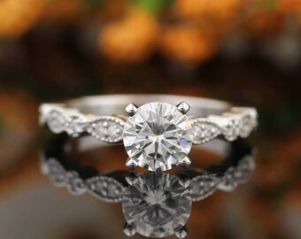 IGI Certified Lab Grown Diamond Solid 14K White Gold Vintage Art deco Engagement Ring