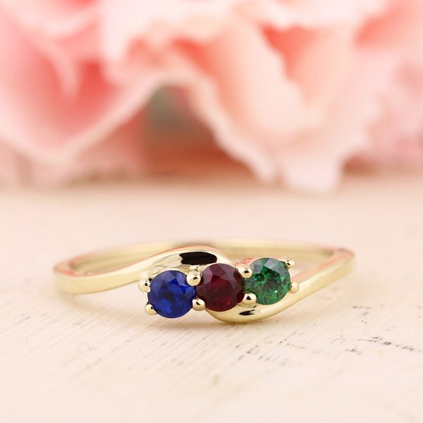 3 or 4 Birthstones Family Mother's Ring in Solid 10k or 14k White,  Yellow Or Rose Gold