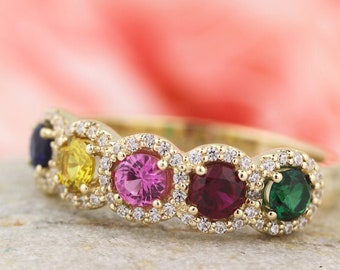 2-5 Birthstones Mother's Ring in Solid 10k, 14k White, Yellow Or Rose Gold  Custom Family Ring ST122830