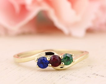 3 or 4 Birthstones Family Mother's Ring in Solid 10k or 14k White,  Yellow Or Rose Gold