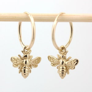 14K Solid Yellow  Gold Honey Bee  Earrings with Endless Hoops (12mm)
