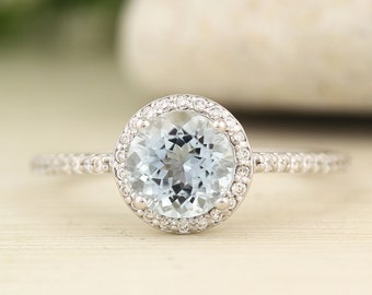 7mm Round Natural Aquamarine  1.23 ct  Solid 14K White Gold Diamond Engagement Ring - Gem830