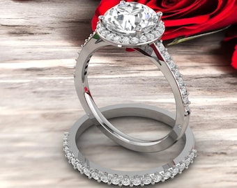 IGI Certified Lab Grown Diamond Solid 14K White Gold Halo Engagement Ring Set Gift For Her