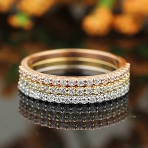 14K Tri Color Diamond Band Anniversary Band Wedding Band Stackable Band Promise Ring -Solid 14k Gold  Gem1418