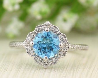 Swiss Blue Topaz Engagement Ring Diamond Wedding Ring Vintage Floral Ring In 14k White Gold Gem1224