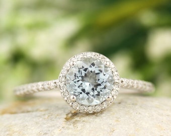 7mm Round Natural Aquamarine  1.23 ct  Solid 14K White Gold Diamond Engagement Ring - Gem830