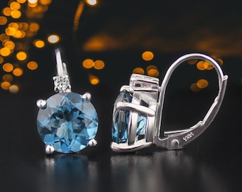 8MM Round Natural Diamond & Gemstones Leverback Earrings In 14k White (London Blue Topaz)