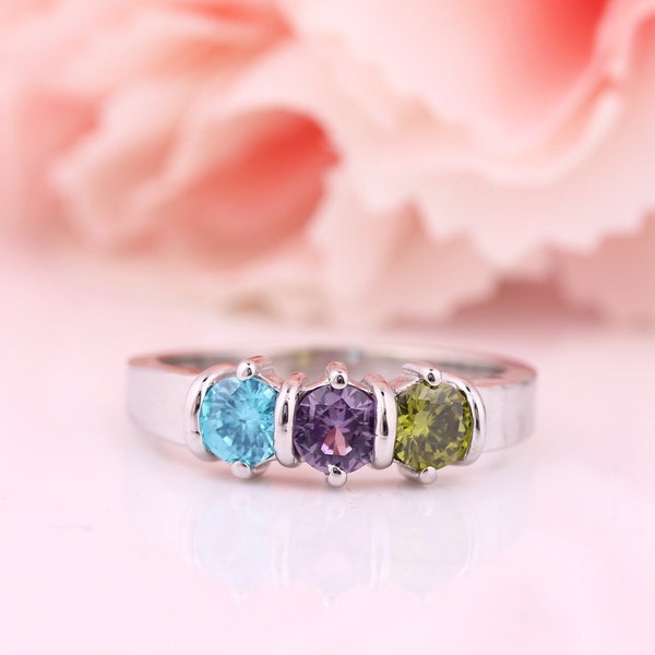 3 Birthstones Mother's Ring in Solid Silver ,10k, 14k White, Yellow Or Rose Gold Custom Family Ring