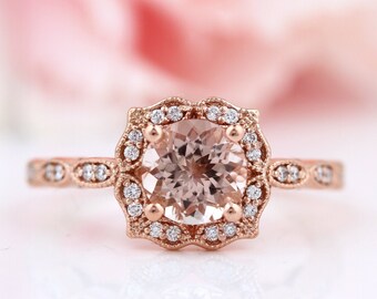 Natural Morganite & Diamond Engagement Ring, Vintage Floral style In 14k Rose Gold Gem1377