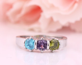 3 Birthstones Mother's Ring in Solid Silver ,10k, 14k White, Yellow Or Rose Gold Custom Family Ring