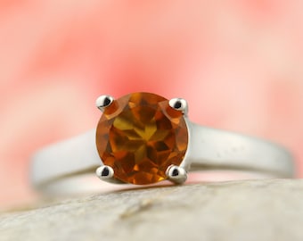 6mm Yellow Citrine Solid 14K White Gold Ring