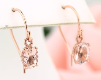 Genuine Morganite Fleur-de-lis Style French Hook Earrings in Sterling Silver Rose Gold Plated. 1.30 cttw 7X5MM Oval