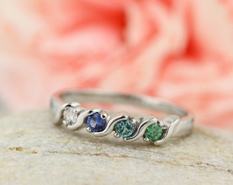 3, 4, or 5 Birthstones Wave Mother's Ring in Solid 10k White, Yellow Custom Family Ring ST5702