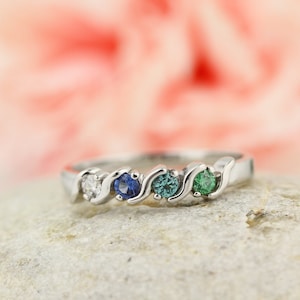 Family Wave Mother's Ring 2 to 6 Birthstones  In Solid 10k  Yellow Gold ( 2-6 Stones ) , Family Wave Ring. *****(Fast Shipping)*****