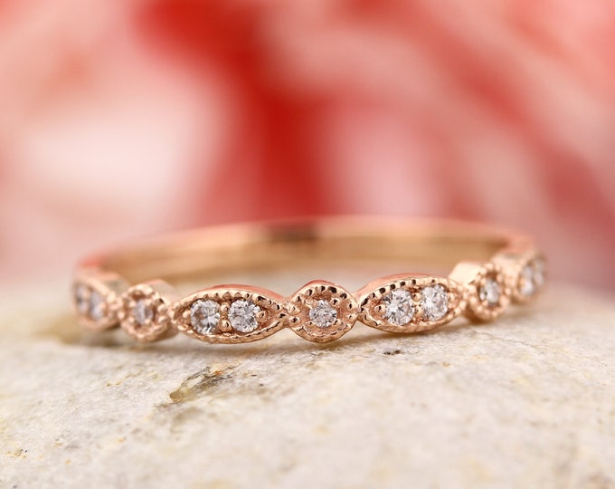 Featured listing image: Art Deco Antique Style Diamond Milgrain 14K White/Yellow/Rose  Gold half  Eternity Wedding Band Ring Anniversary Ring, Gem924