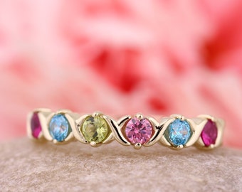 Family XOXO Mother's Ring 2 to 6 Birthstones Solid 10k, 14k White or Yellow or Rose Gold, or Sterling Silver