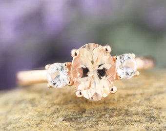 Morganite white sapphire  Solid 14K Rose Gold  engagement Ring Gem1548