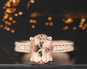 10x8mm Oval  Natural Morganite  14K Rose Gold Diamond engagement Ring-antique style Gem663