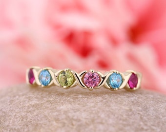 Family XOXO Mother's Ring 2 to 6 Birthstones Solid 10k, 14k White or Yellow or Rose Gold, or Sterling Silver