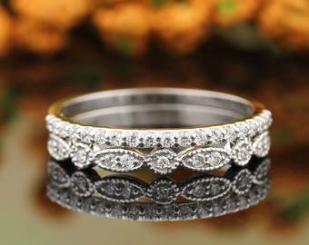 Art Deco Antique Style Diamond Milgrain  Anniversary Ring Set In 14K White  Gold  Matchingset-1418