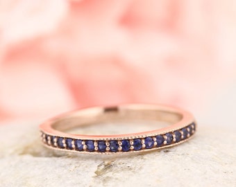 Stackable Half Eternity Blue Sapphire Wedding Band Ring With Migraine In 14k Rose  Gold ST233080