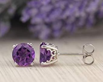 Solid 14k White Gold  AAA Natural Amethyst Scroll Stud Earrings, 6mm Round