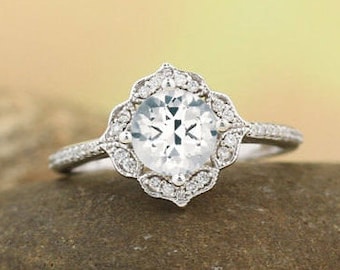 Natural AAA White Topaz Diamond Engagement Ring Set  Diamond Wedding Set Vintage Floral Ring Set In 14k White Gold, 7mm Round Gem1224