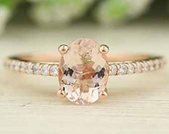Natural Diamond  Morganite Cathedral Style Engagement Ring Set , Diamond Wedding Ring Set, Bridal Set 9x7mm Oval In 14k Rose Gold