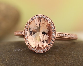 Morganite Ring Diamond Halo Morganite Engagement Ring In 14k Roes gold, 9x7mm gemstone - Gem1227