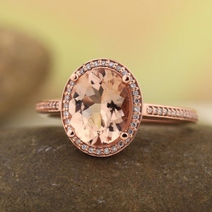 Morganite Ring Diamond Halo Morganite Engagement Ring In 14k Roes gold, 9x7mm gemstone - Gem1227