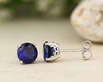 Solid 14k White Gold AAA Created Sapphire Scroll Stud Earrings, 6mm Round each (Lab-created Sapphire)