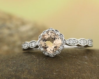 Natural  Morganite  Solid 14K White Gold Halo Diamond Engagement Ring - Gem1325 available in Rose gold