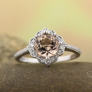 AAA Morganite Engagement Ring Set  Diamond Wedding Ring Set Vintage Floral style In 14k White Gold Gem1224