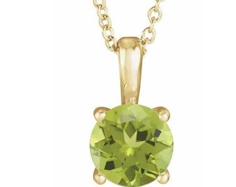 14K Yellow Gold  Peridot Solitaire Pendant Necklace.  Adjustable 16"-18" . Birthday Stone  Necklace.