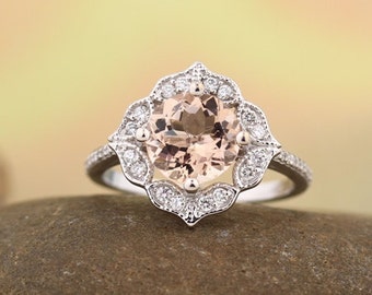 Morganite Engagement Ring Diamond Wedding Ring Vintage Floral Ring  GemStone 8mm Round In 14k White / Rose Gold Gem1322