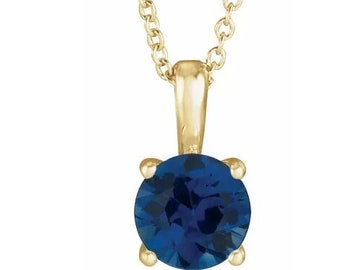 14K Yellow Gold Lab Created Sapphire Solitaire Pendant Necklace.  Adjustable 16"-18" . Birthday Stone  Necklace.