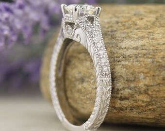 IGI Certified Lab Grown Diamond Solid 14K White Gold Vintage Style Engagement Ring