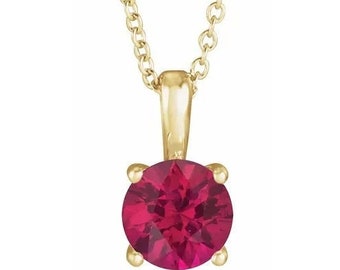 14K Yellow Gold Lab Created Ruby Solitaire Pendant Necklace.  Adjustable 16"-18" . Birthday Stone  Necklace.