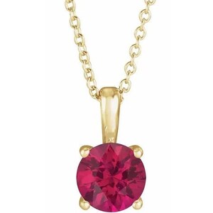 14K Yellow Gold Lab Created Ruby Solitaire Pendant Necklace.  Adjustable 16"-18" . Birthday Stone  Necklace.