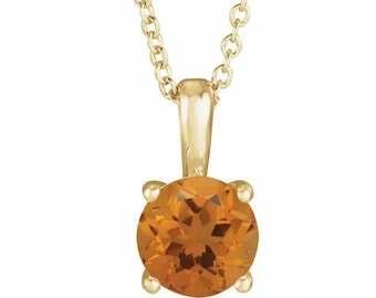 14K Yellow Gold  Citrine Solitaire Pendant Necklace.  Adjustable 16"-18" . Birthday Stone  Necklace.