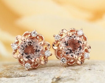 14K Rose Gold 1.00 CT Natural Morganite & Diamond Sculptural Style Stud Earrings